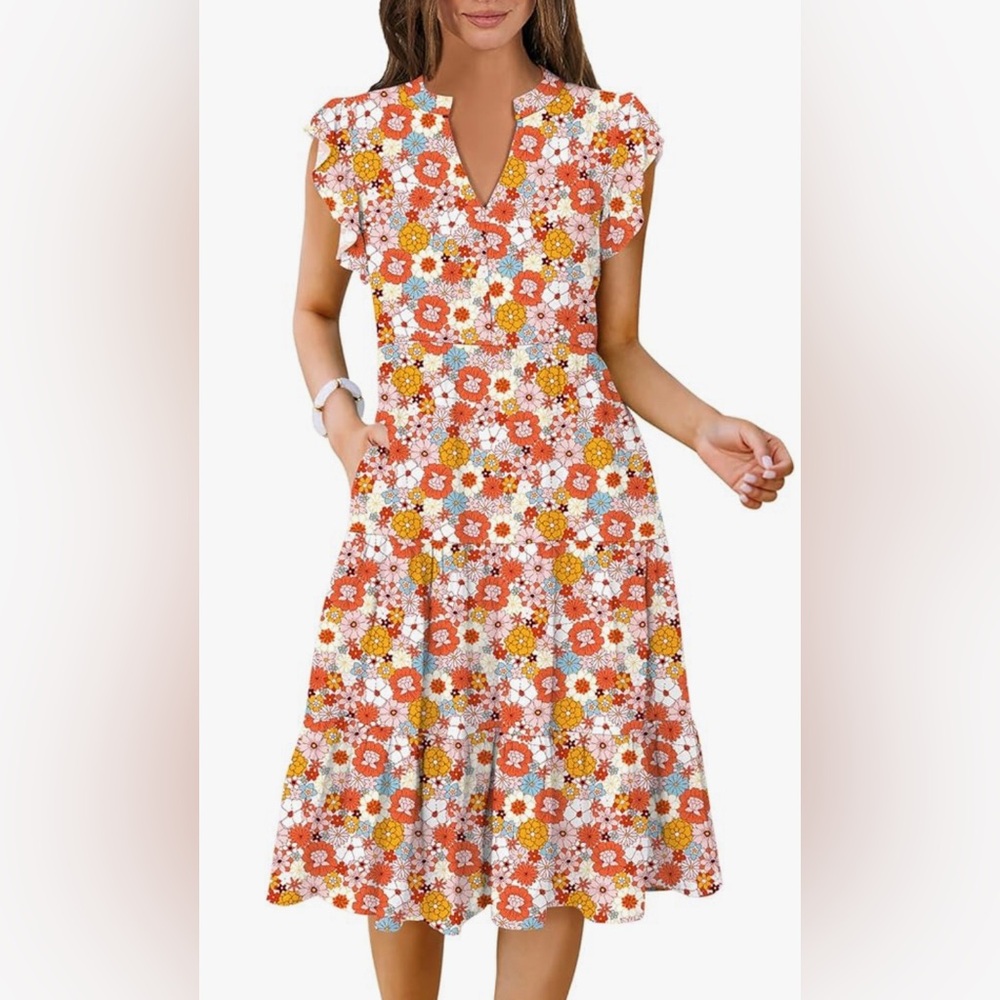 Women’s Summer Ruffle Sleeve V-Neck Midi Dress- S